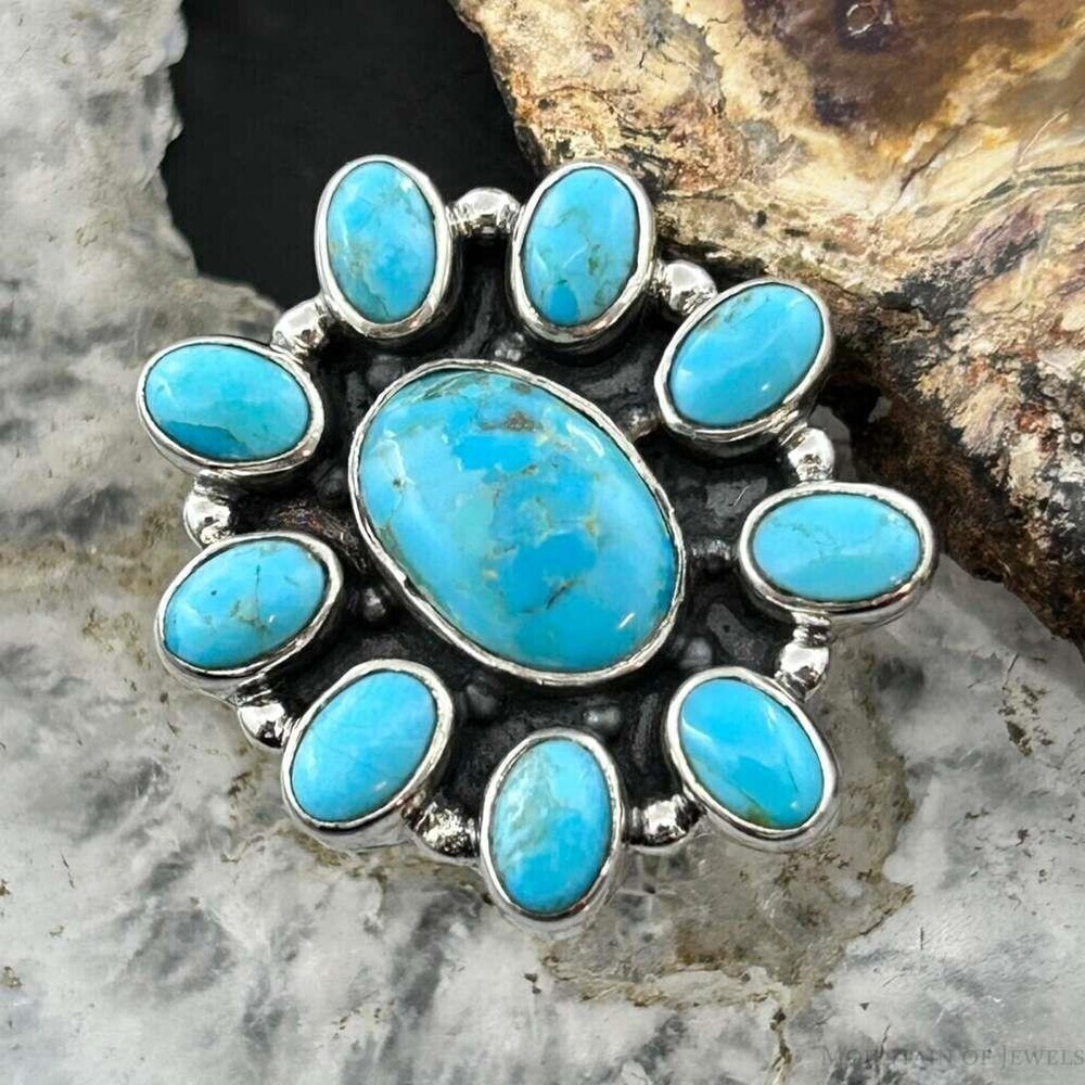 Sterling Silver Southwestern Style Mohave Turquoise Cluster Ring S 7.5 For Women